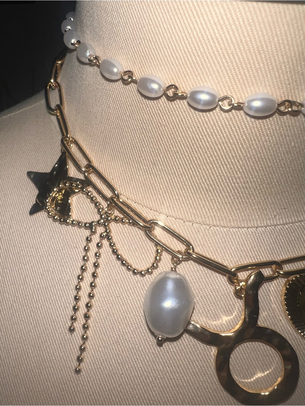 Gold Charm Link Necklace w/Green Heart& Pearl Accent-Jewelry by Free People - Picture 3 of 5